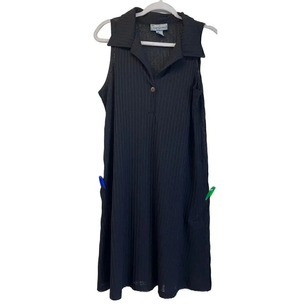 Portocruz Womens L Black Beach Cover up dress Knee length FLAW